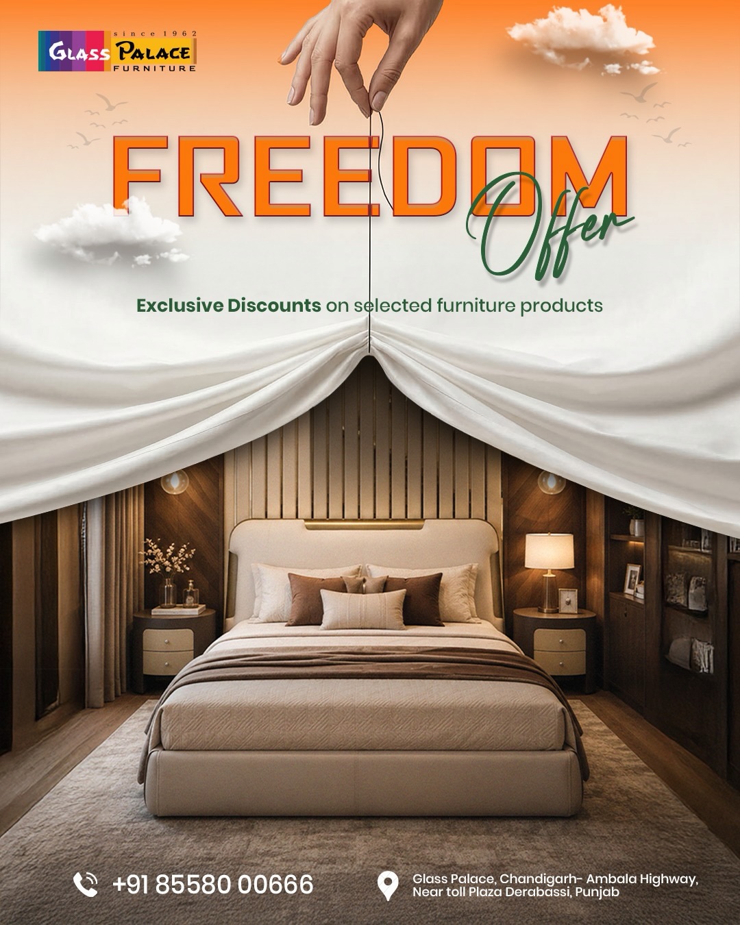 ✨ Freedom to Choose. Freedom to Save. 🏡
Upgrade your home with timeless furniture and enjoy exclusive Freedom Offer discounts on selected collections at Glass Palace Furniture. From luxurious sofa sets and elegant dining tables to premium bedroom furniture and more, now is the perfect time to bring home the furniture you’ve always wanted.
Visit your nearest Glass Palace Furniture showroom today and make the most of this limited-time offer!
📍 Dera Bassi
Chandigarh–Ambala Highway, Near Toll Plaza, Punjab
📞 +91 85580-00666
📍 Mohali
Plot No. 130, Sector 82, JLPL Industrial Area, Sahibzada Ajit Singh Nagar, Punjab
📞 +91 76961-11122
📍 Panchkula
Plot No. 286, Industrial Area Phase 1, Panchkula, Haryana
📞 +91 98781-86363
#GlassPalaceFurniture #FreedomOffer #FurnitureSale #LuxuryFurniture #HomeInteriors LivingRoomFurniture BedroomFurniture DiningFurniture HomeDecor InteriorDesign PremiumFurniture Mohali Derabassi Panchkula TricityHomes ShopNow