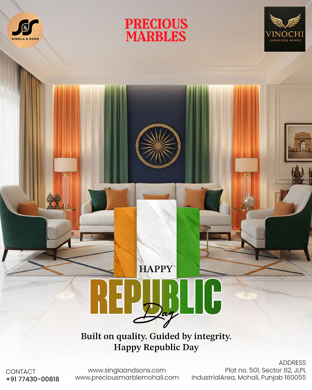 Built on quality. Guided by integrity. 🇮🇳
This Republic Day, we celebrate the values that shape a strong nation, craftsmanship, trust, and timeless design.
Here’s to homes that stand tall, just like the spirit of India.

Warm Republic Day wishes from Precious Marble by Singla & Sons. ✨

📍 Plot no. 501, Sector 82, JLPL Industrial Area, Mohali
📞 077430-00978
🌐 www.preciousmarblemohali.com
 | www.singlaandsons.com

[Happy Republic Day 2026, luxury home interiors, Italian marble Mohali, premium tiles and marble, Indian craftsmanship, Precious Marble by Singla & Sons]