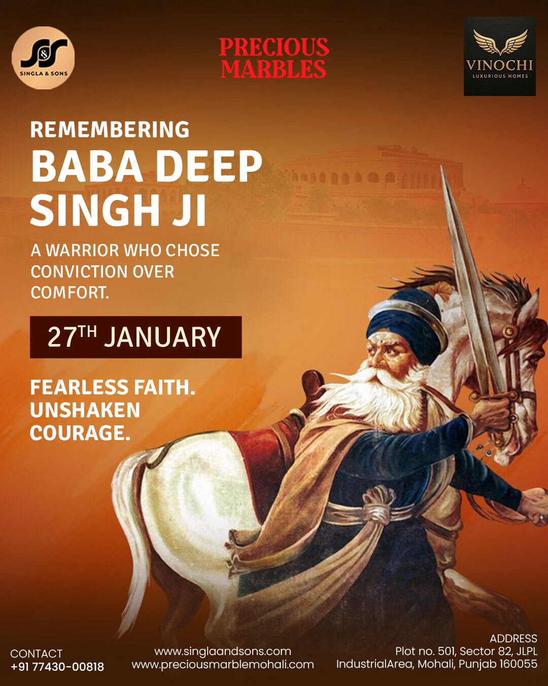 Fearless faith. Unshaken courage.
Today, we remember Baba Deep Singh Ji, a warrior whose conviction stood taller than comfort and whose spirit still guides generations.

We bow in respect to a legacy that teaches us to stand firm, no matter the cost. 🙏

📍 Plot no. 501, Sector 82, JLPL Industrial Area, Mohali, Punjab
📞 077430-00978
🌐 [www.preciousmarblemohali.com]

[shaheedi diwas, baba deep singh ji, sikh history, fearless faith, courage and sacrifice, Precious Marbles by Singla & Sons]