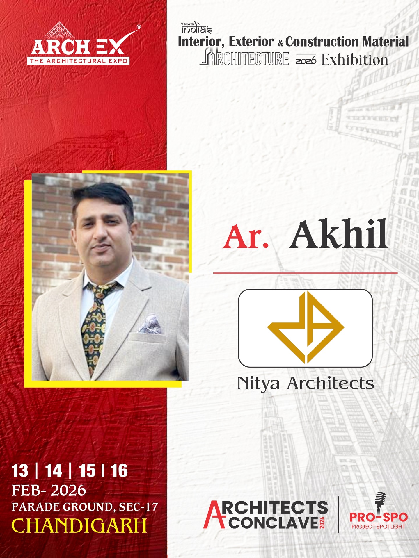 From Blueprint to Reality. Excited to showcase our latest project at the ARCHEX Architects Conclave 2026! Witness the journey of modern design—from the precision of a 3D render to the solid foundation of reality.

📍 Join Ar. Akhil and the Nitya Architects team at Parade Ground, Sec-17, Chandigarh. 🗓 Feb 13 | 14 | 15 | 16, 2026

#NityaArchitects #ARCHEX2026 #ModernArchitecture #ChandigarhEvents #ArchitectureExhibition #DesignToReality