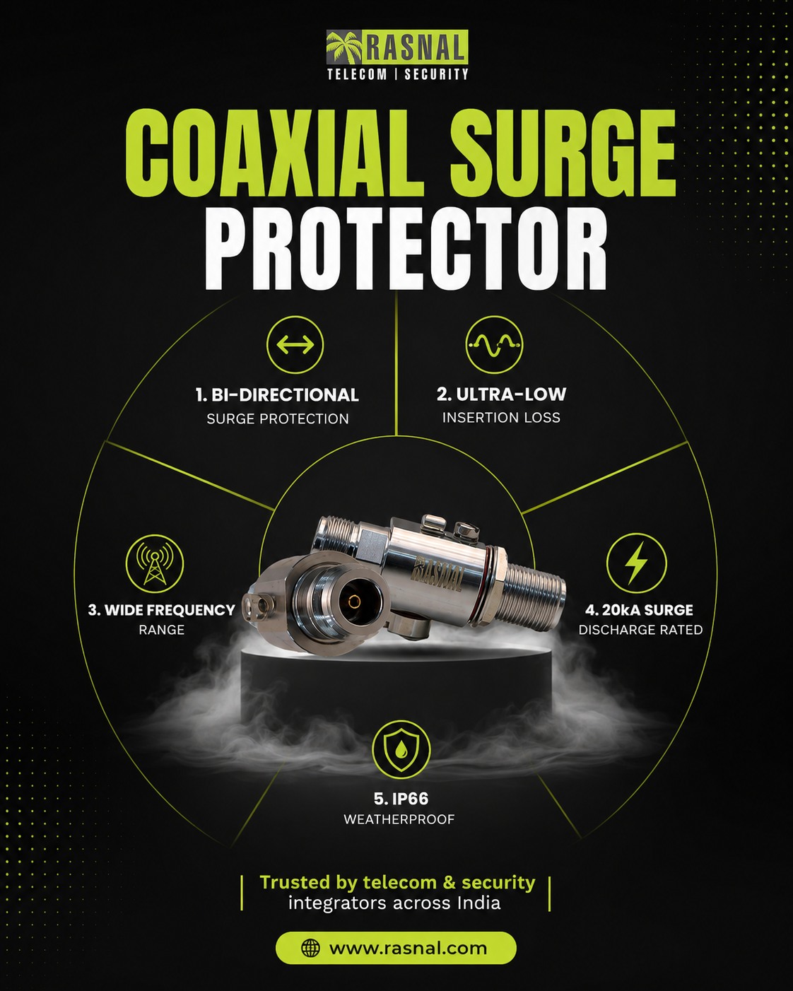 Small device. Serious protection. ⚡

Rasnal’s Coaxial Surge Protector is built to keep critical RF and telecom systems protected 

when the conditions get tough.
 
✓ Bi-Directional Surge Protection
✓ Ultra-Low Insertion Loss
✓ Wide Frequency Range
✓ 20kA Surge Discharge Rated
✓ IP66 Weatherproof
 
Trusted by telecom & security integrators across India.
 
[coaxial surge protector, RF surge protection, telecom security, surge protection, 
lightning protection, telecom infrastructure]