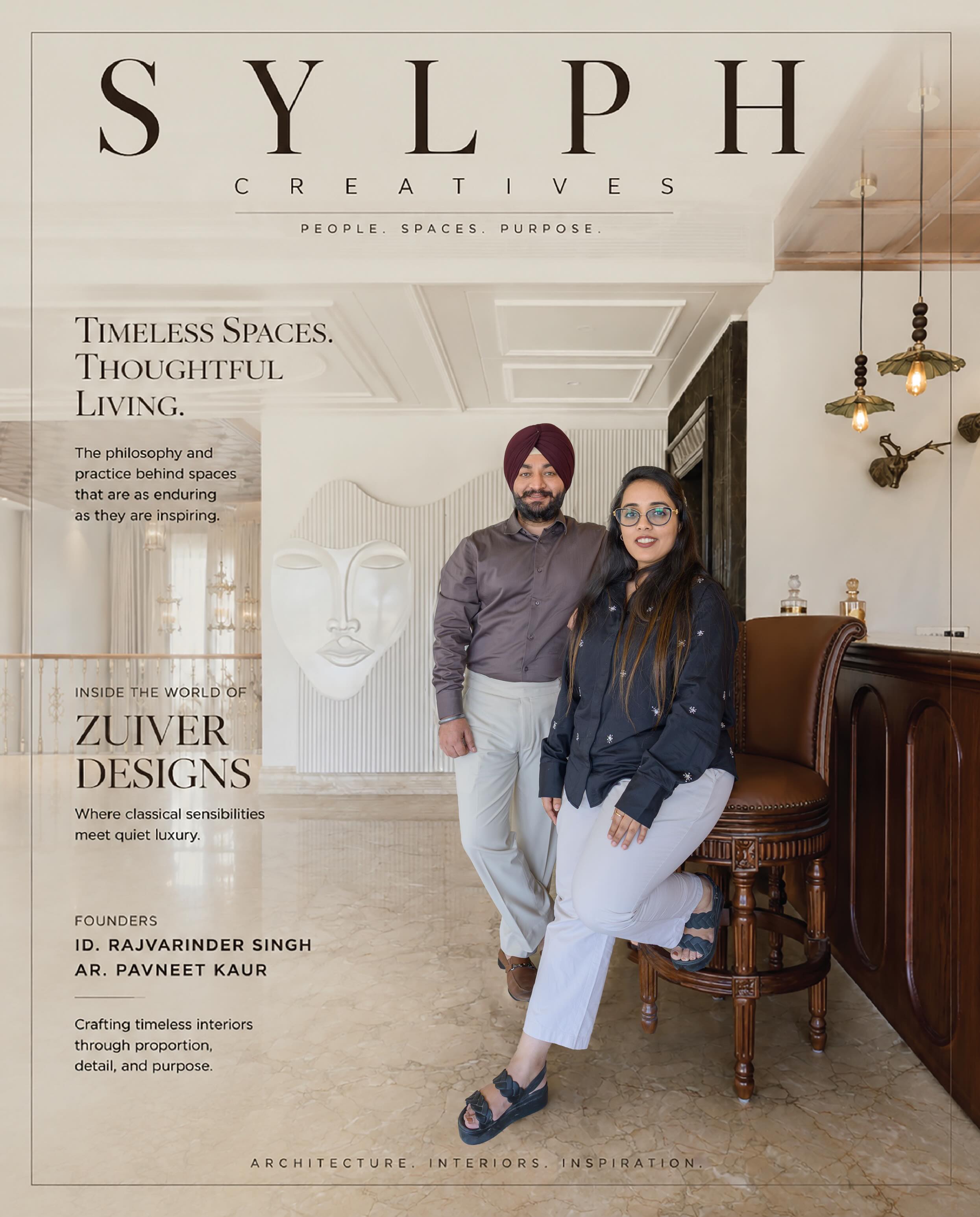 At @zuiverdesigns , every space begins with purpose and is brought to life with proportion, detail, and enduring elegance. Rooted in classical sensibilities and elevated by craftsmanship. their designs are a quiet celebration of timeless living.

DESIGNING SPACES THAT ENDURE
Founded in 2014, Zuiver Designs is an architecture and interior design studio know for Cratong spaces that embody timeless elegance and quiet laxury. Led by ID. Rajvarinder Singh and Ar. Pavneet Kaur the studio’s philosophy is rooted in the idea that beautiful spaces are not dictated by trends, but by proportion, detail, and a deep understanding of how people live and experience their surrounding.