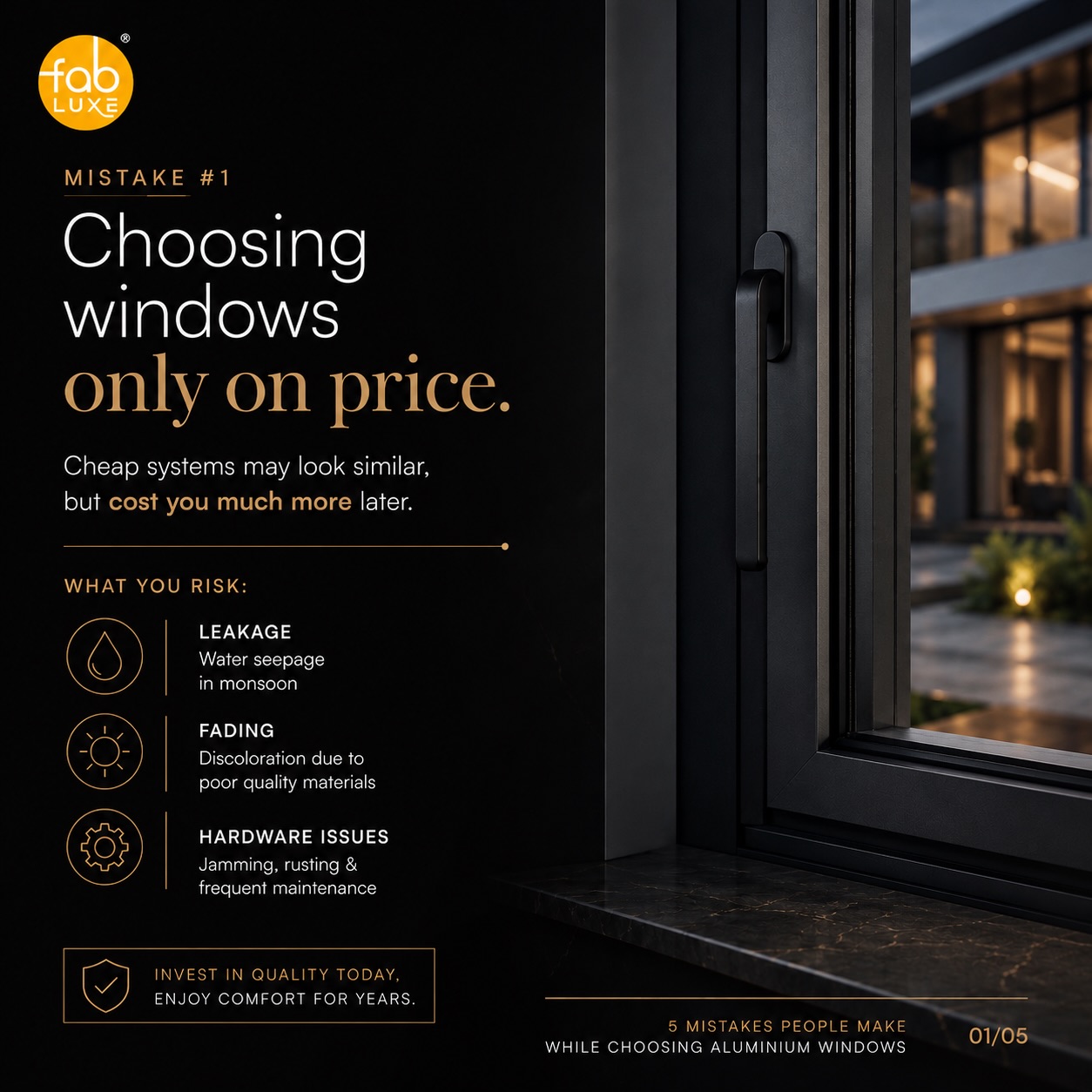 Modern homes deserve better than ordinary windows.

Most homeowners focus on interiors, marble & lighting… 
but windows impact:
• Aesthetics 
• Ventilation 
• Insulation 
• Long-term maintenance

At FABLUXE, we believe premium spaces deserve premium detailing.

📍 SCO 148-149, Panchkula Shopping Complex, Dhakoli, Zirakpur, Mohali

📞 9888819882 | 9888819822 
📩 DM us: @fabluxeindia

FABLUXE 
Premium Aluminium Windows & Slim Partitions 
Serving Chandigarh Tricity

#Fabluxe #LuxuryHomes #AluminiumWindows #ModernArchitecture #SlimPartitions