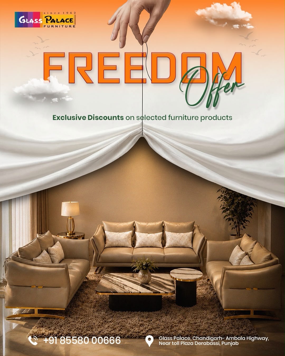 ✨ Freedom to Choose. Freedom to Save. 🏡

Upgrade your home with timeless furniture and enjoy exclusive Freedom Offer discounts on selected collections at Glass Palace Furniture. From luxurious sofa sets and elegant dining tables to premium bedroom furniture and more, now is the perfect time to bring home the furniture you’ve always wanted.

Visit your nearest Glass Palace Furniture showroom today and make the most of this limited-time offer!

📍 Dera Bassi
Chandigarh–Ambala Highway, Near Toll Plaza, Punjab
📞 +91 85580-00666

📍 Mohali
Plot No. 130, Sector 82, JLPL Industrial Area, Sahibzada Ajit Singh Nagar, Punjab
📞 +91 76961-11122

📍 Panchkula
Plot No. 286, Industrial Area Phase 1, Panchkula, Haryana
📞 +91 98781-86363

#GlassPalaceFurniture #FreedomOffer #FurnitureSale #LuxuryFurniture #HomeInteriors LivingRoomFurniture BedroomFurniture DiningFurniture HomeDecor InteriorDesign PremiumFurniture Mohali Derabassi Panchkula TricityHomes ShopNow