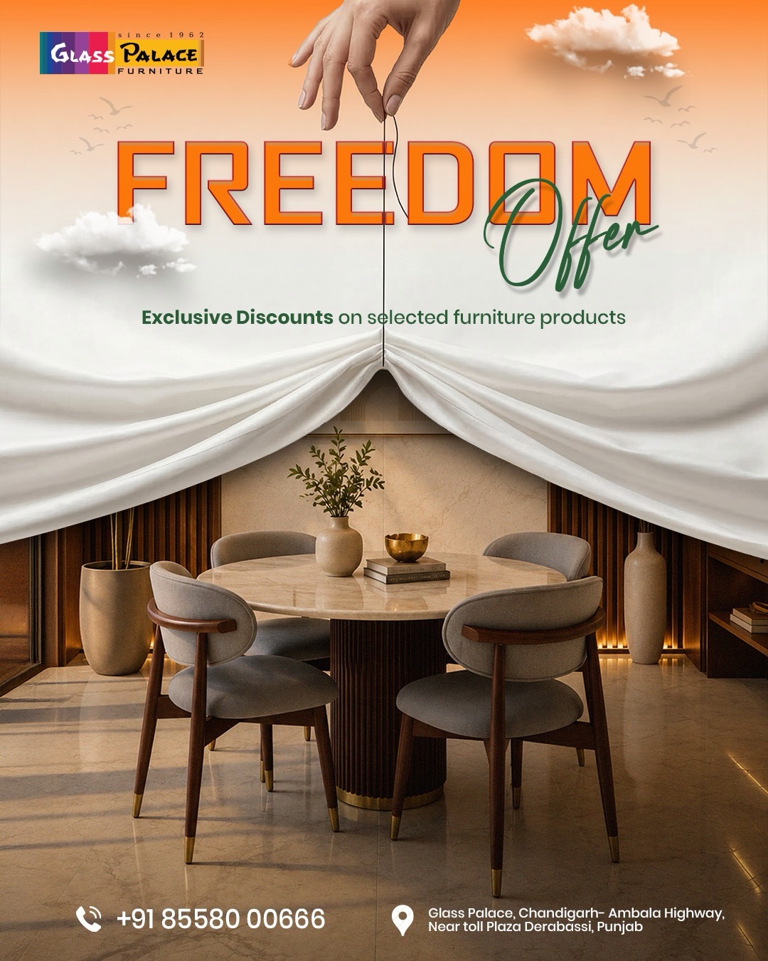✨ Freedom to Choose. Freedom to Save. 🏡

Upgrade your home with timeless furniture and enjoy exclusive Freedom Offer discounts on selected collections at Glass Palace Furniture. From luxurious sofa sets and elegant dining tables to premium bedroom furniture and more, now is the perfect time to bring home the furniture you’ve always wanted.

Visit your nearest Glass Palace Furniture showroom today and make the most of this limited-time offer!

📍 Dera Bassi
Chandigarh–Ambala Highway, Near Toll Plaza, Punjab
📞 +91 85580-00666

📍 Mohali
Plot No. 130, Sector 82, JLPL Industrial Area, Sahibzada Ajit Singh Nagar, Punjab
📞 +91 76961-11122

📍 Panchkula
Plot No. 286, Industrial Area Phase 1, Panchkula, Haryana
📞 +91 98781-86363

#GlassPalaceFurniture #FreedomOffer #FurnitureSale #LuxuryFurniture #HomeInteriors LivingRoomFurniture BedroomFurniture DiningFurniture HomeDecor InteriorDesign PremiumFurniture Mohali Derabassi Panchkula TricityHomes ShopNow