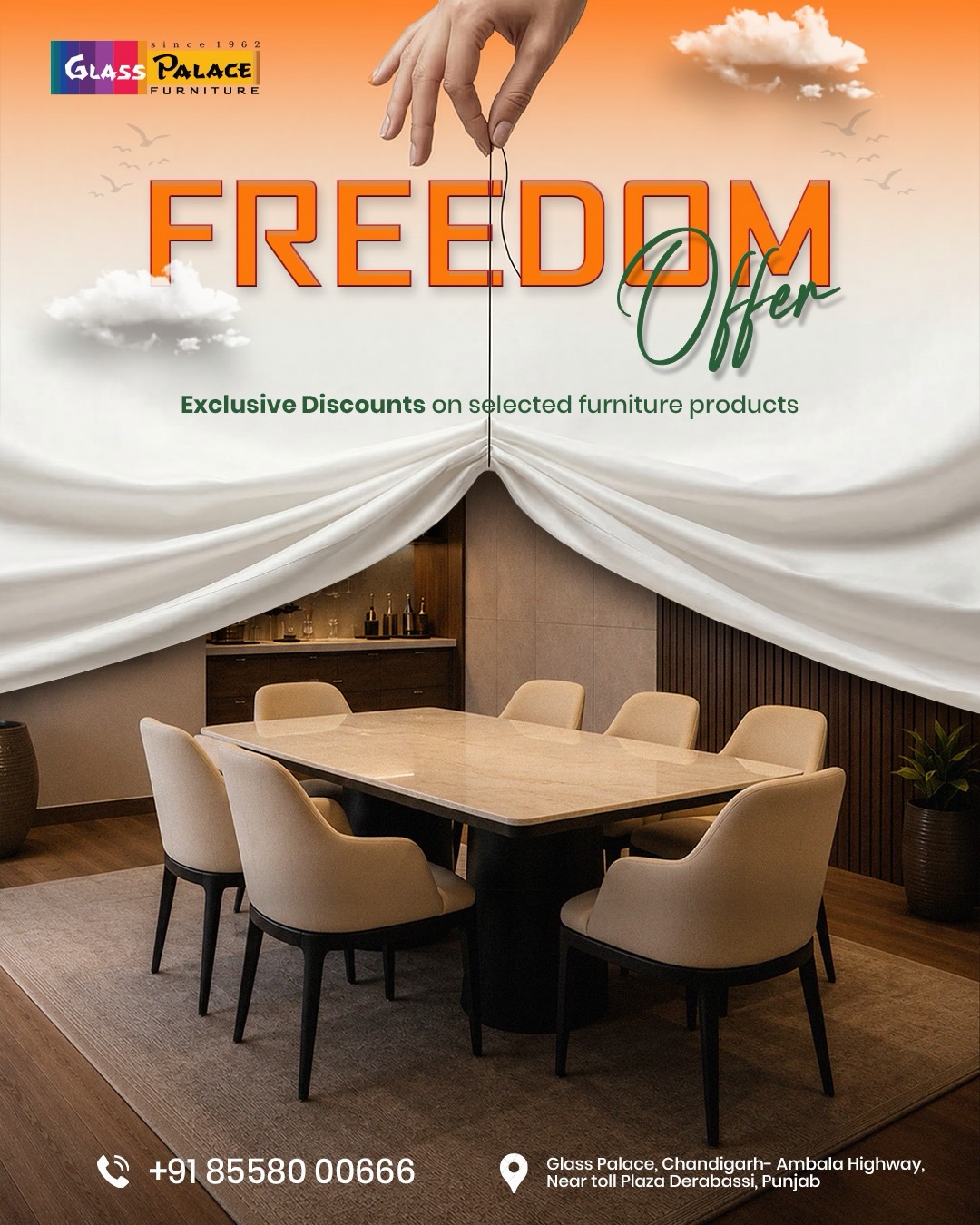 ✨ Freedom to Choose. Freedom to Save. 🏡

Upgrade your home with timeless furniture and enjoy exclusive Freedom Offer discounts on selected collections at Glass Palace Furniture. From luxurious sofa sets and elegant dining tables to premium bedroom furniture and more, now is the perfect time to bring home the furniture you’ve always wanted.

Visit your nearest Glass Palace Furniture showroom today and make the most of this limited-time offer!

📍 Dera Bassi
Chandigarh–Ambala Highway, Near Toll Plaza, Punjab
📞 +91 85580-00666

📍 Mohali
Plot No. 130, Sector 82, JLPL Industrial Area, Sahibzada Ajit Singh Nagar, Punjab
📞 +91 76961-11122

📍 Panchkula
Plot No. 286, Industrial Area Phase 1, Panchkula, Haryana
📞 +91 98781-86363

#GlassPalaceFurniture #FreedomOffer #FurnitureSale #LuxuryFurniture #HomeInteriors LivingRoomFurniture BedroomFurniture DiningFurniture HomeDecor InteriorDesign PremiumFurniture Mohali Derabassi Panchkula TricityHomes ShopNow