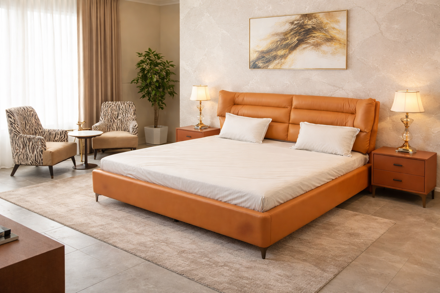 Modern Luxe Upholstered Bed (Caramel Tan)