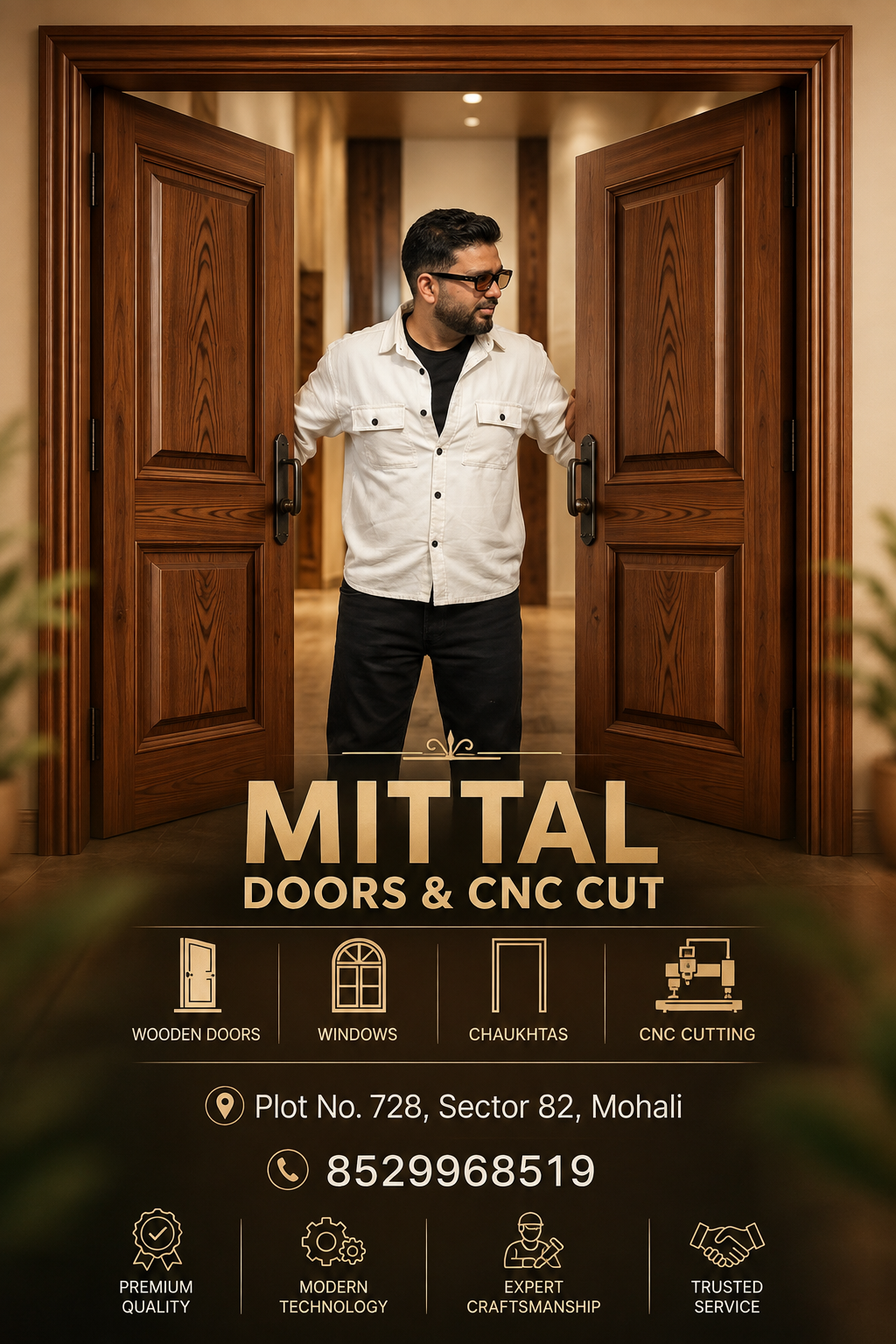🚪 Bring Your Vision to Life with Premium Woodwork! ✨
Looking for beautifully crafted wooden doors, windows, chaukhtas, or precision CNC cutting? Meet Mittal Doors & CNC Cut — where quality craftsmanship meets modern technology. 🪵✨
📍 Plot No. 728, Sector 82, Mohali
📞 8529968519
🔨 Your Wood. Your Design. Your Space.