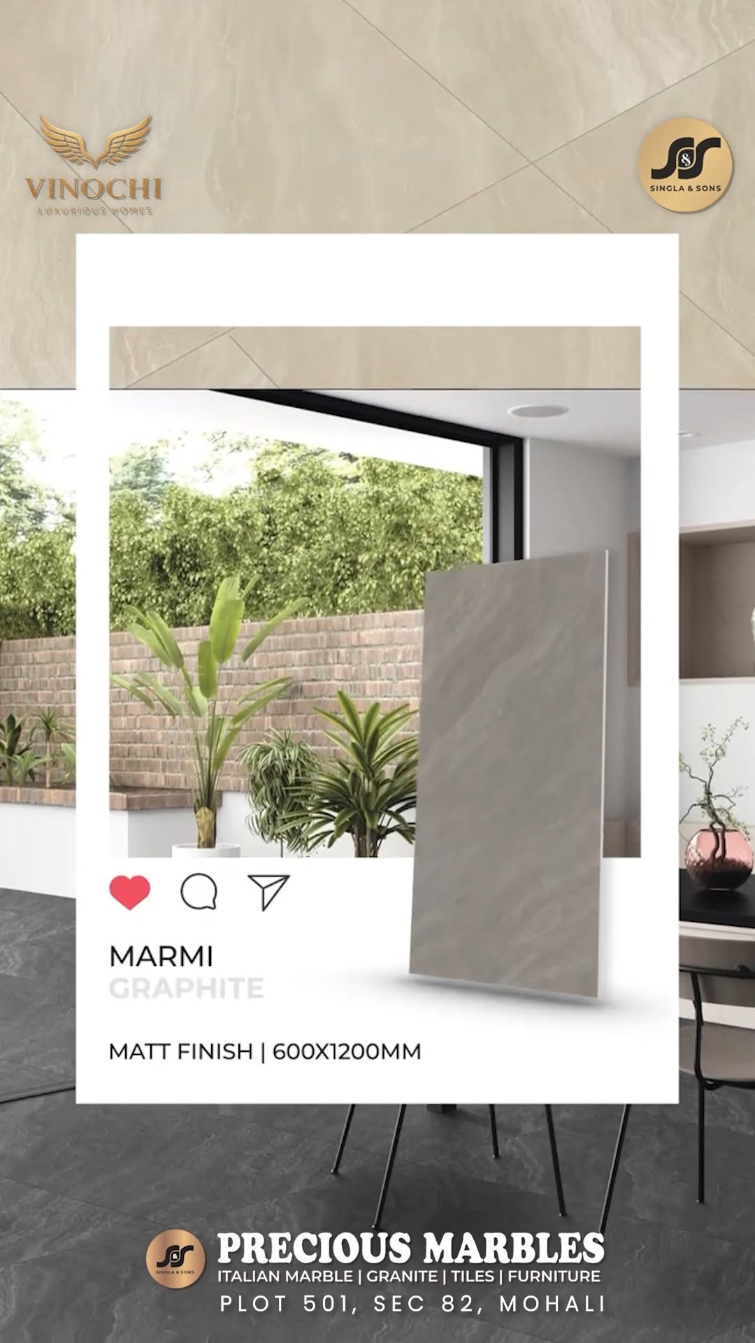 Some designs don't need attention. They naturally command it.

Meet Marmi Graphite - a sophisticated matt-finish surface that brings depth, texture, and understated luxury to modern spaces.

Clean lines. Rich character. Timeless appeal.

Because great interiors begin with the right foundation.

?? Plot No. 501, Sector 82, JLPL Industrial Area, Mohali
?? +91 77430-00978
?? [www.singlaandsons.com](http://www.singlaandsons.com)

Visit Vinochi Luxurious Homes and explore surfaces designed to elevate every corner of your home.

#VinochiLuxuriousHomes #PremiumTiles #LuxuryInteriors #ModernHomeDesign #MattFinishTiles