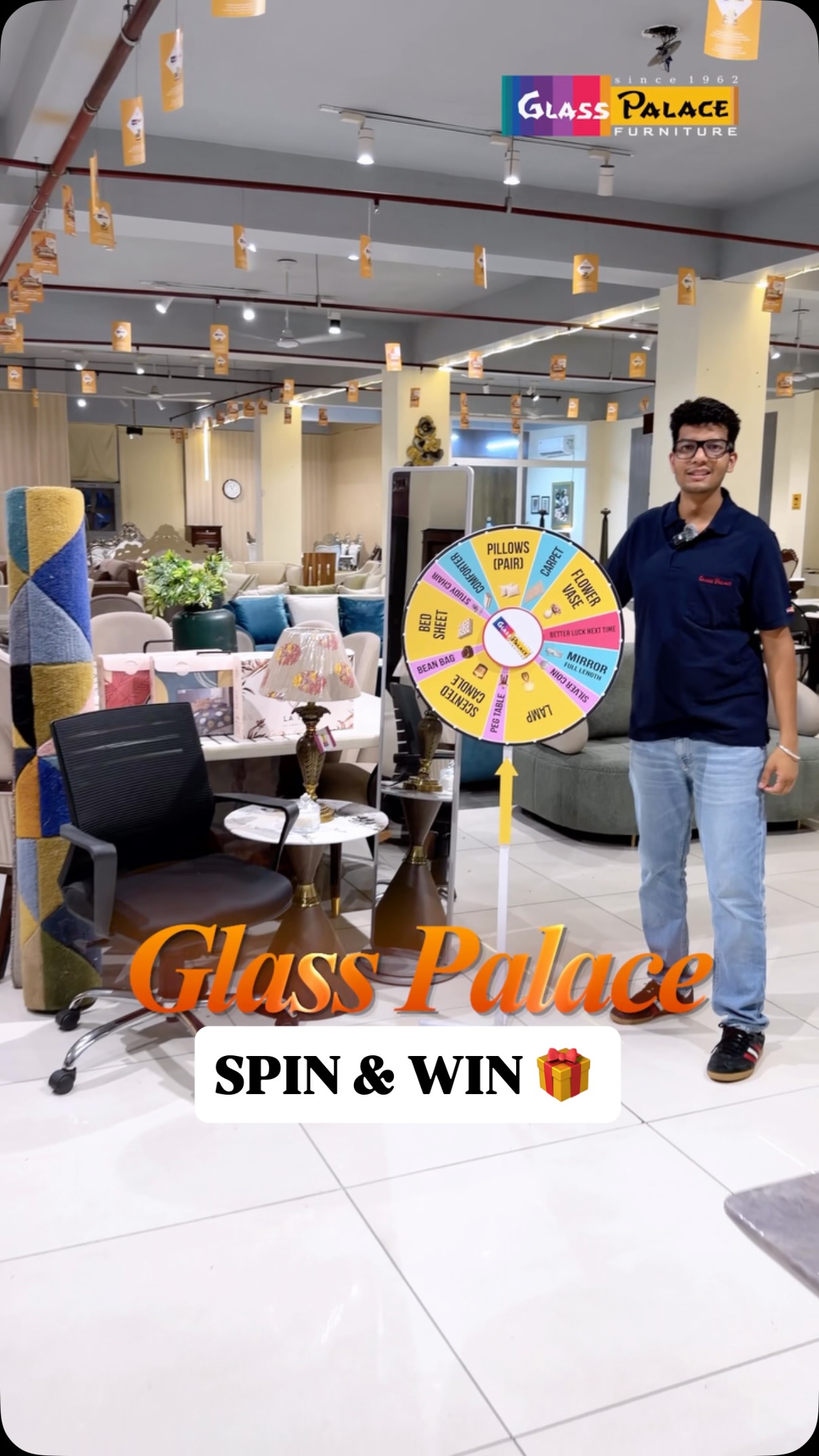 ✨ SPIN & WIN at Glass Palace Furniture! 

Your dream furniture shopping just got more exciting.
Shop your favourites, spin the wheel & win amazing prizes! 🎁

From Bed Sheets, Cushions & Carpets to Lamps, Bean Bags, Study Chairs & more - there’s something exciting waiting for you! 🥳

📍 Visit us at:
Dera Bassi | Mohali | Panchkula

📞 Dera Bassi: +91 85580 00666
📞 Mohali: +91 76961 11122
📞 Panchkula: +91 98781 86363

Amazing Prices. Beautiful Homes. And a chance to WIN! ❤️

Visit your nearest Glass Palace Furniture showroom and SPIN & WIN! 🎯

#GlassPalaceFurniture #SpinAndWin #FurnitureShopping #FurnitureOffer #HomeDecor BeautifulHomes FurnitureStore DeraBassi Mohali Panchkula Tricity HomeFurniture ShopAndWin AmazingPrices